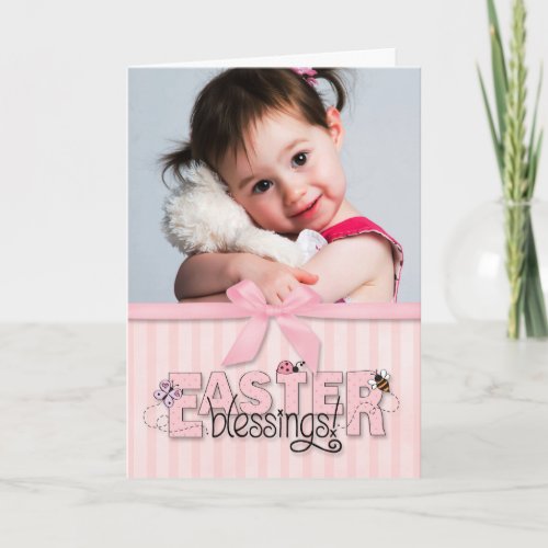 Easter Blessings pink stripes  bow custom photo Holiday Card