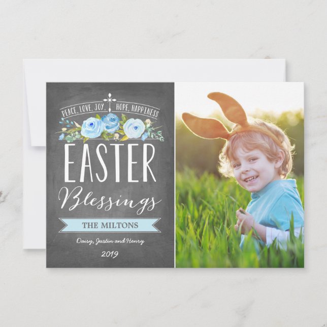 Easter Blessings Rose Banner Chalkboard | Easter Holiday Card (Front)