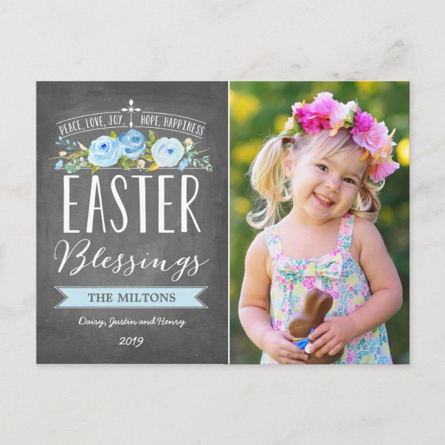 Easter Blessings Rose Banner Chalkboard | Easter Holiday Postcard (Front)