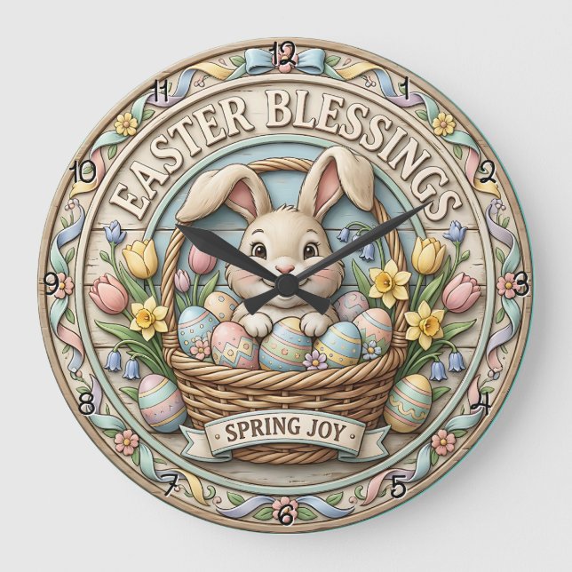 Easter Blessings Spring Joy Basket Large Clock (Front)