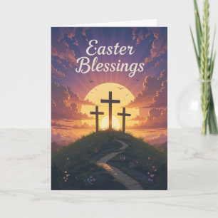 Easter Blessings Three Crosses Purple Sunset Card