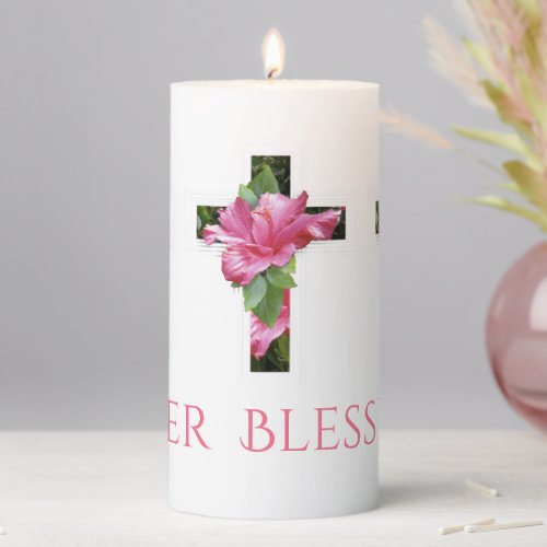 Easter Blessings Tropical Hibiscus Cross Pillar Candle