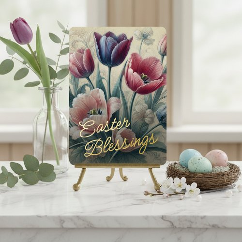 Easter Blessings Tulips Floral Gold Foil Card