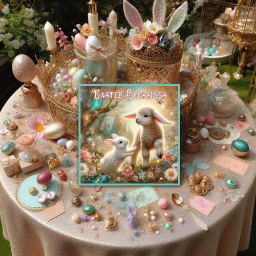 Easter Blessings Vintage Bunny and Lamb Floral  Holiday Card