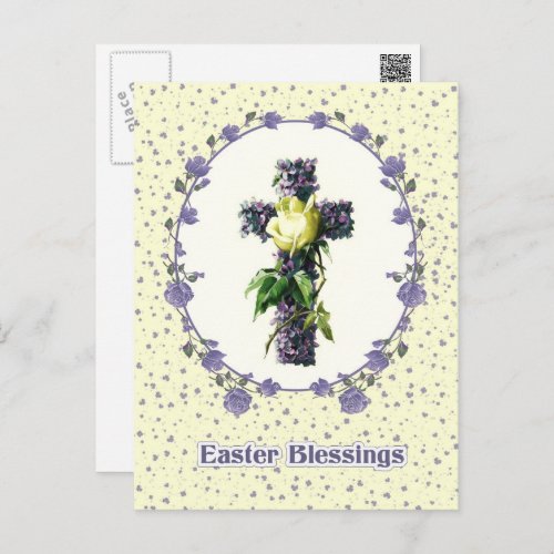Easter Blessings Vintage Floral Cross Religious  Holiday Postcard