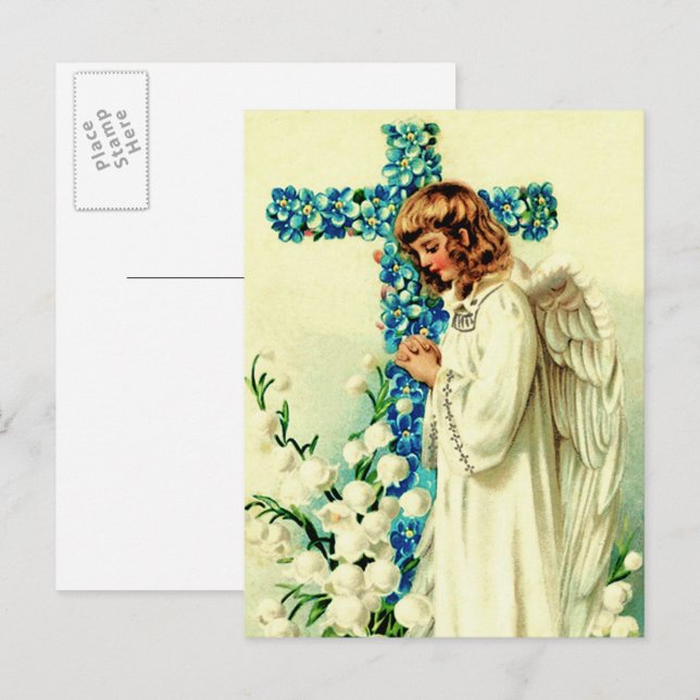 Easter Blessings. Vintage Praying Angel Religious Holiday Postcard (Front/Back)