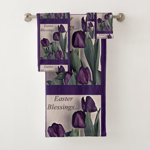 Easter Blessings wDark Purple Tulips Bath Towel Set