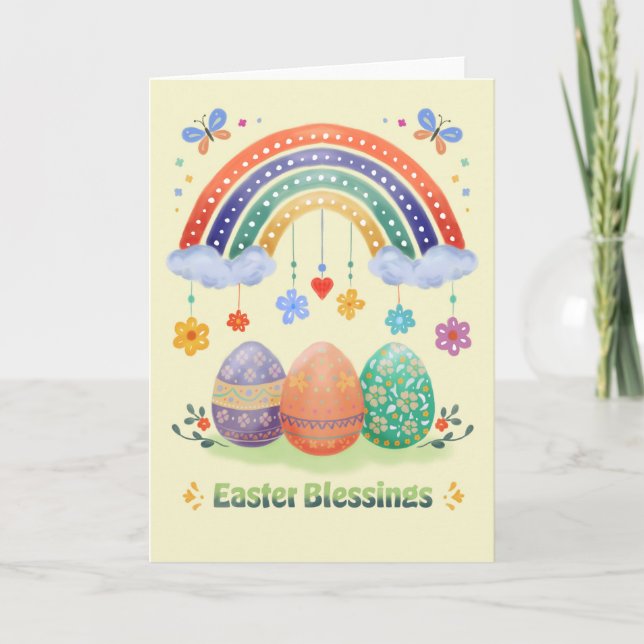 Easter Blessings Watercolor Rainbow Floral Easter Card (Front)