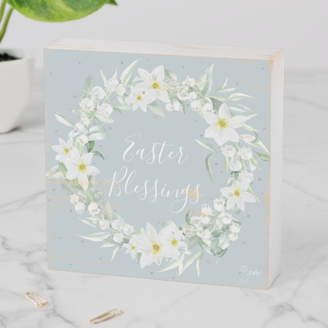 Easter Blessings White Floral Wreath Wooden Box Sign (In Situ Horizontal)