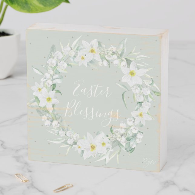 Easter Blessings White Floral Wreath Wooden Box Sign (In Situ Horizontal)