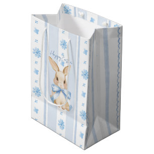 Easter Blue Bow Watercolor Bunny Floral Cottage Medium Gift Bag