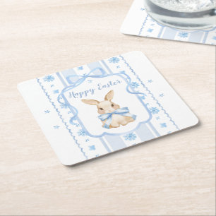 Easter Blue Bow Watercolor Bunny Floral Cottage Square Paper Coaster