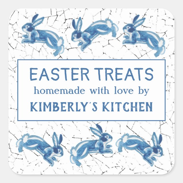 Easter Blue Bunny Rabbit Cute Baked Goods Custom Square Sticker (Front)