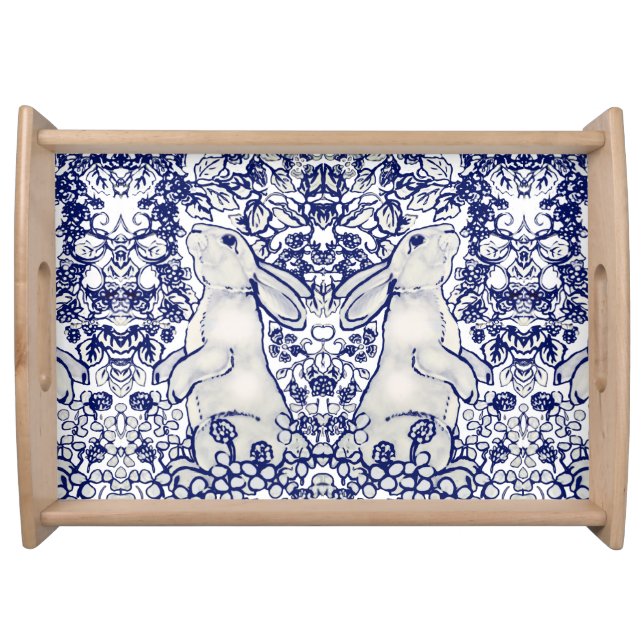 Easter Blue Bunny Rabbit Pattern Delft Dedham Serving Tray (Front)