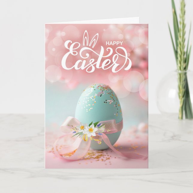 Easter Blue Easter Egg with Ribbon and Daffodils Holiday Card (Front)