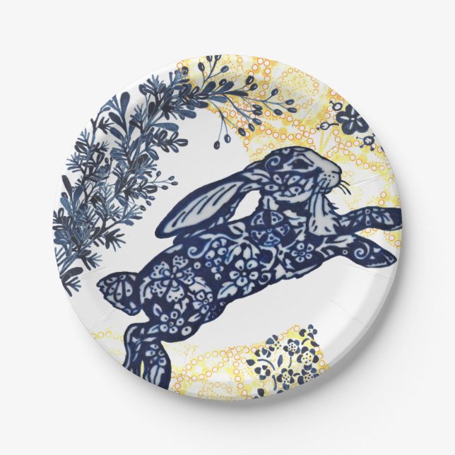 Easter Blue White Yellow Rabbit Asian Chinoiserie Paper Plates (Front)