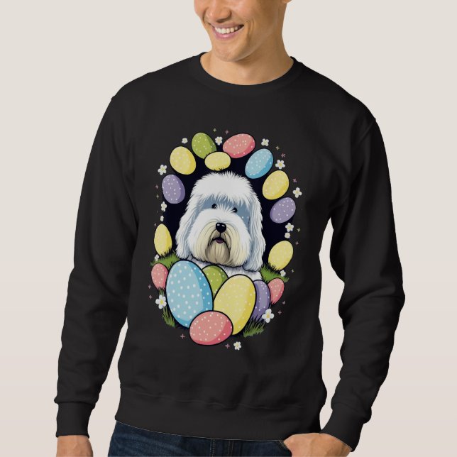 Easter Bobtail Bunny Eggs Dog on Easter Old Englis Sweatshirt (Front)
