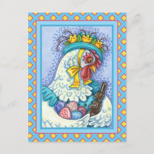 EASTER BONNET AND EGGS SPRING CHICKEN Colorful Holiday Postcard