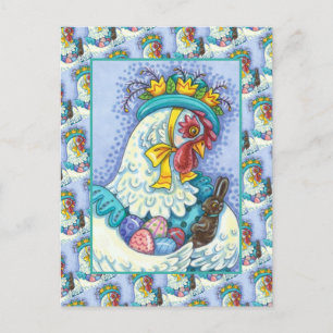 EASTER BONNET AND EGGS, SPRING CHICKEN Colorful Holiday Postcard