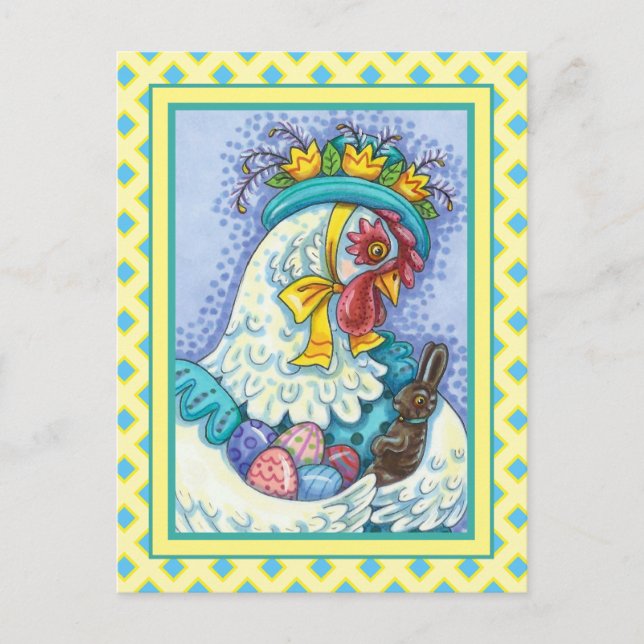 EASTER BONNET AND EGGS, SPRING CHICKEN Colorful Holiday Postcard (Front)