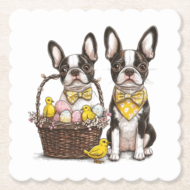 Easter Boston Terrier Dogs Paper Coaster (Front)
