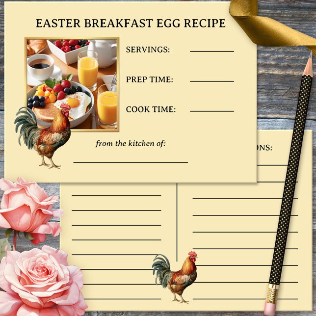 Easter Breakfast Rooster Egg Photo Recipe Card (Elegant Easter egg breakfast recipe card featuring your custom photo with a rooster.)