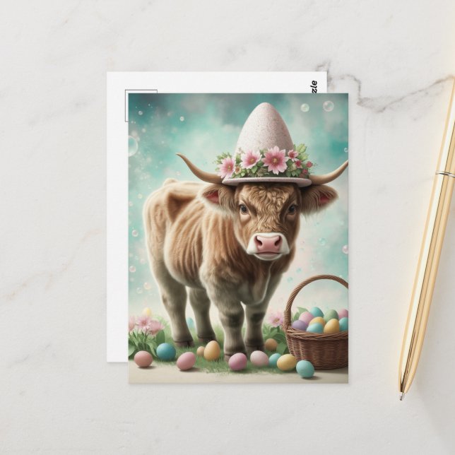 Easter Brown Highland Cow Postcard (Front/Back In Situ)