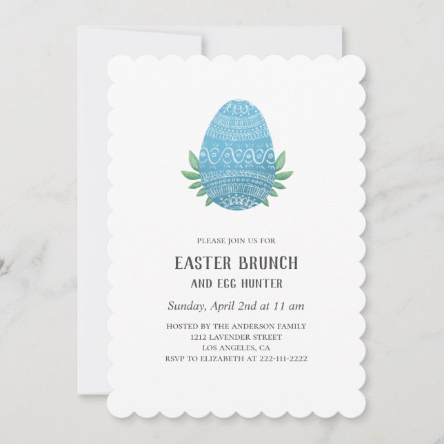 Easter brunch and egg hunt. Blue spring invitation (Front)