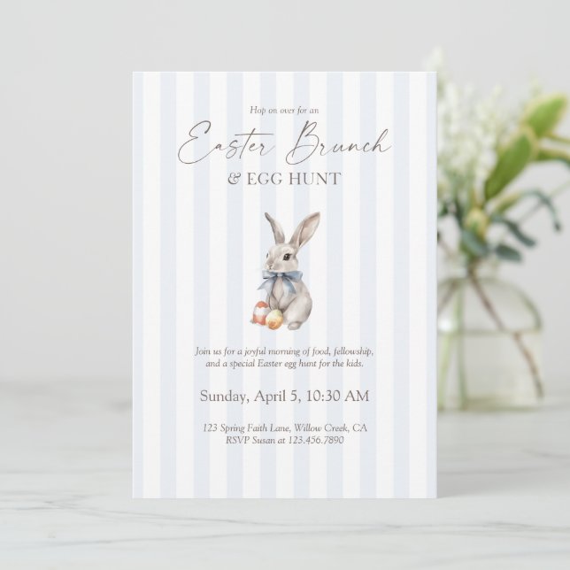 Easter Brunch and Egg Hunt Blue Stripe Bunny  Invitation (Standing Front)