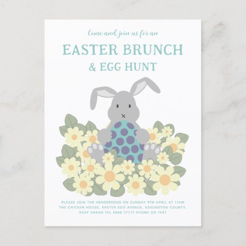 Easter Brunch and Egg Hunt Cute Bunny Floral Invitation Postcard