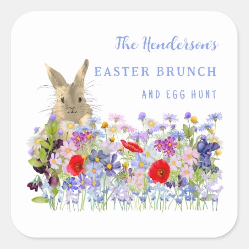 Easter Brunch and Egg Hunt Cute Bunny Floral Square Sticker