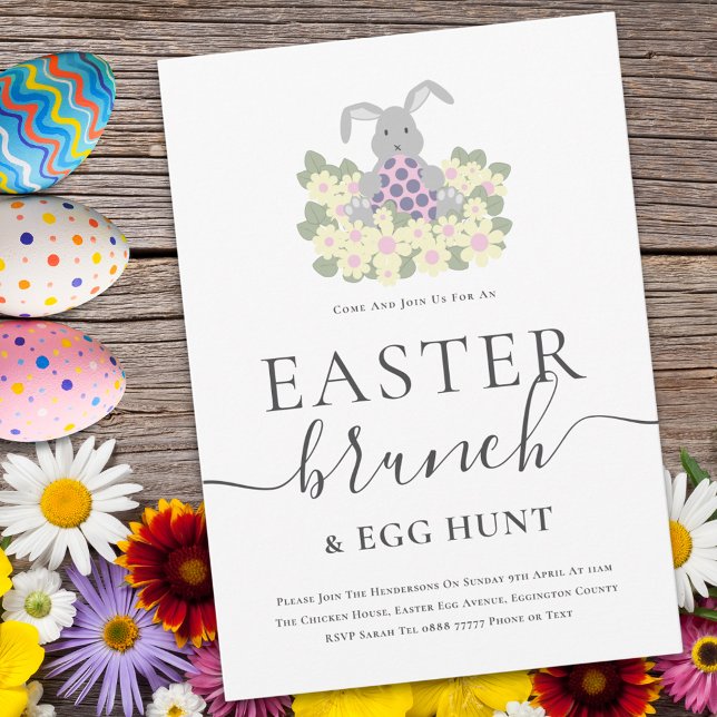 Easter Brunch and Egg Hunt Cute Bunny Invitation (Cute easter bunny egg hunt and brunch spring party invitation )