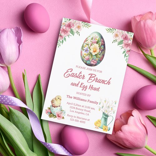 easter brunch and egg hunt pink floral chickens invitation