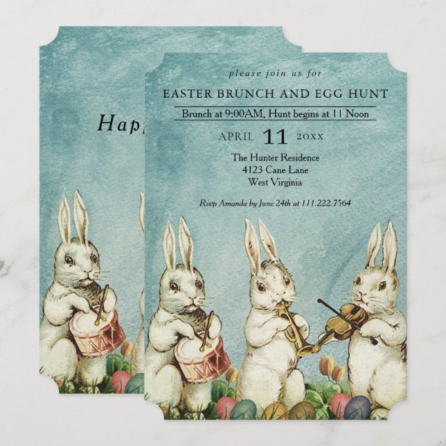 Easter Brunch and Egg Hunt Vintage Bunny Invitation (Front/Back)
