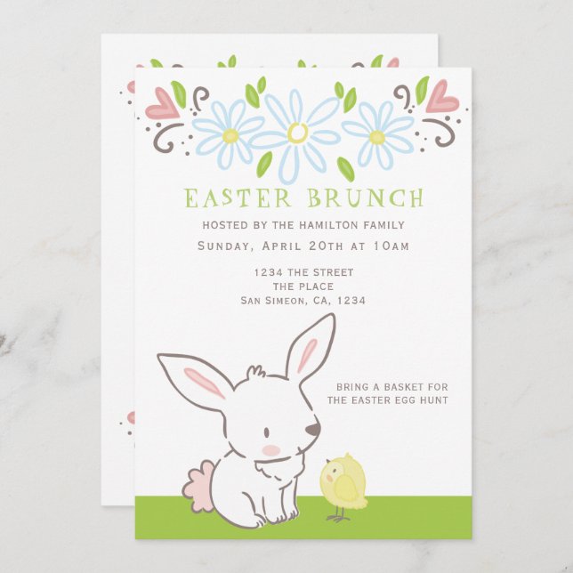 Easter Brunch Bunny And Chick With Spring Flowers Invitation (Front/Back)