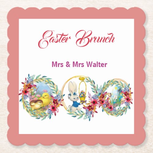 Easter Brunch Bunny Chick Floral Wreath  Paper Coaster