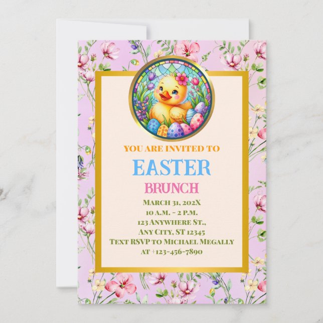 EASTER BRUNCH, Chick, Flowers, and Colorful Eggs I Invitation (Front)