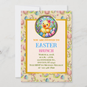 EASTER BRUNCH, Chick, Flowers, and Colorful Eggs Invitation