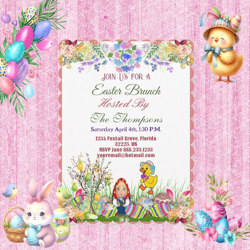 Easter Brunch Decorative Egg Doll Chick Tree Flora Invitation