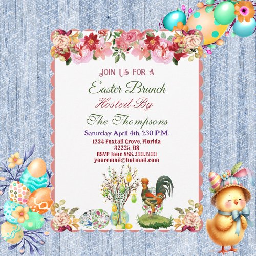 Easter Brunch Decorative Eggs Hen Floral Tree Cute Invitation