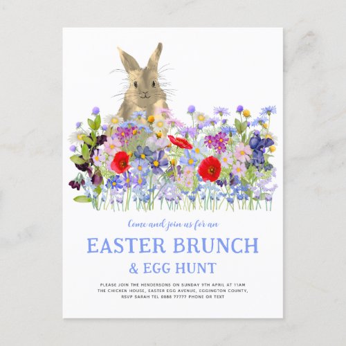 Easter Brunch Egg Hunt Bunny and Wildflowers  Invitation Postcard