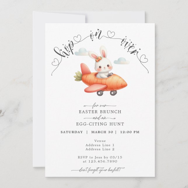 Easter Brunch & Egg Hunt Cute Airplane Bunny Invitation (Front)