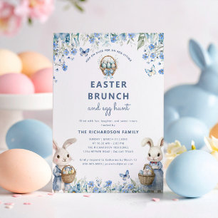 Easter Brunch & Egg Hunt Cute Blue Floral Bunny Invitation