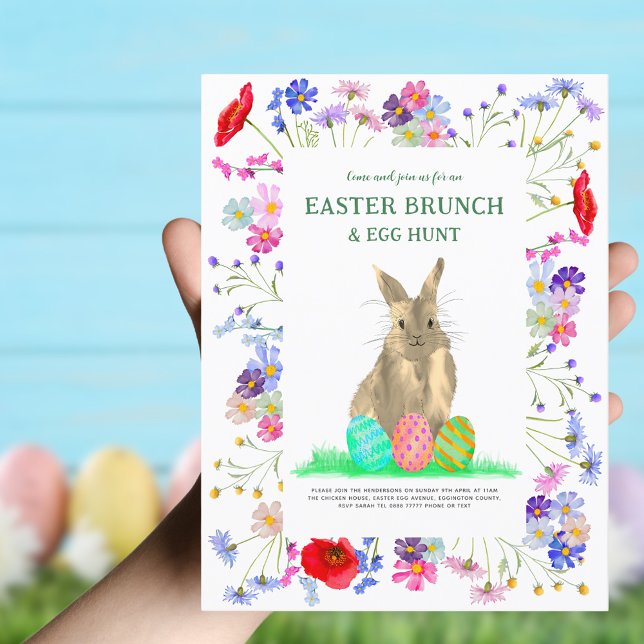 Easter Brunch Egg Hunt Cute Bunny Boho Floral Invitation Postcard (Easter brunch and egg hunt colorful wildflowers and Easter bunny invitation )