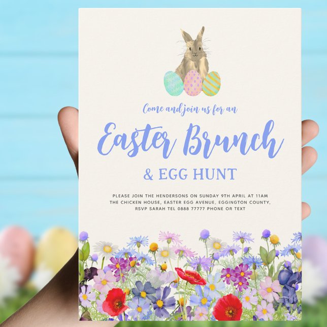 Easter Brunch Egg Hunt Cute Bunny Colorful Floral Invitation (Easter brunch and egg hunt boho wildflower bunny invitation )