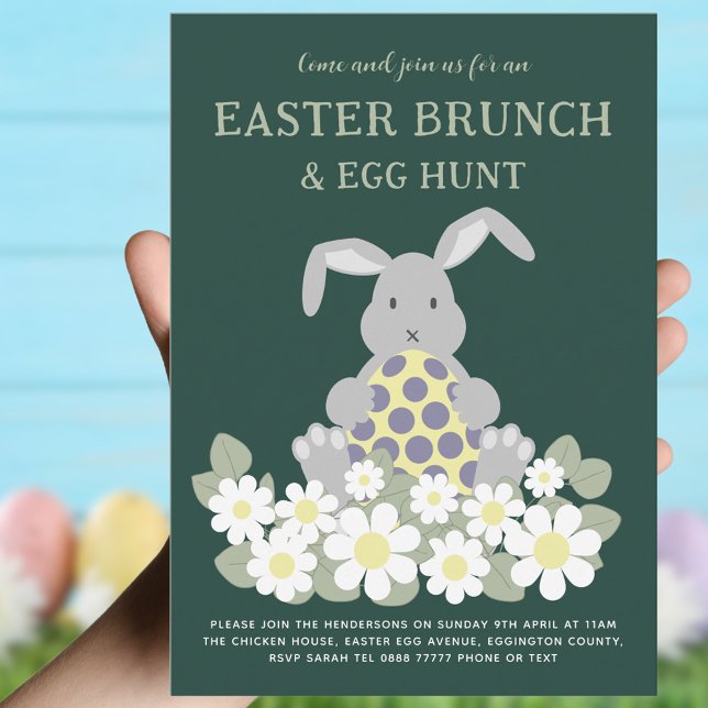 Easter Brunch Egg Hunt Cute Bunny Floral Invitation (Easter brunch and egg hunt cute bunny floral invitation green yellow gray purple)
