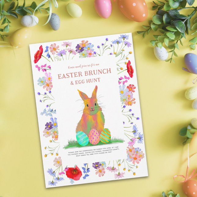 Easter Brunch Egg Hunt Cute Bunny Floral Party Invitation (Personalized happy easter colorful watercolor cute bunny wildflower floral holiday card)