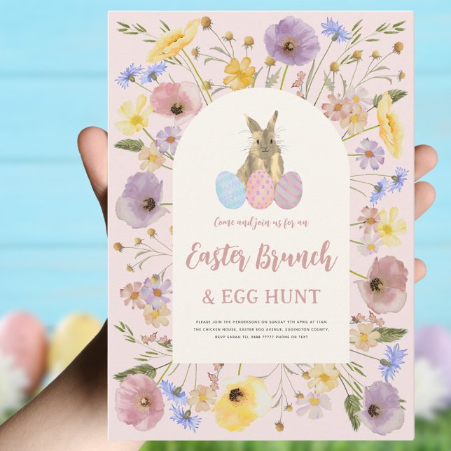 Easter Brunch Egg Hunt Cute Bunny Floral Pink Invitation (Boho floral Easter egg hunt and brunch invitation )