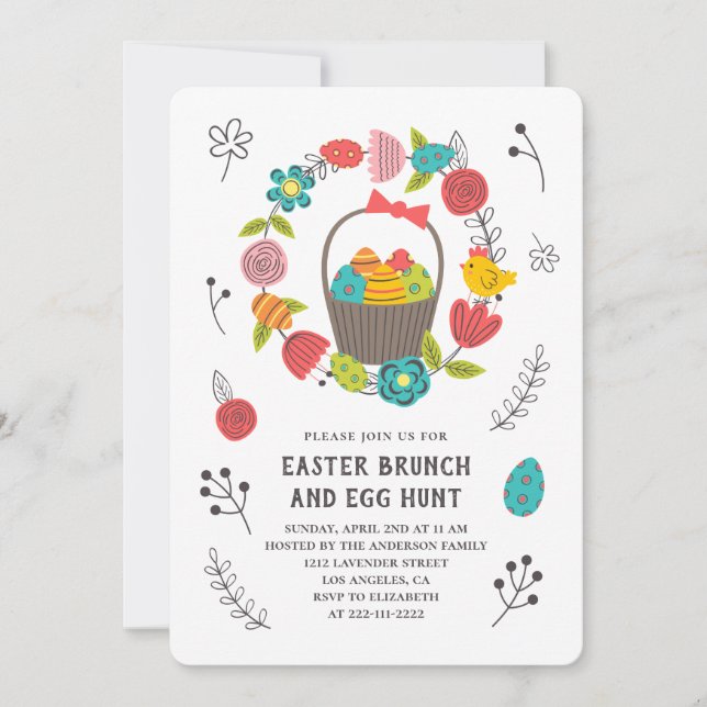 Easter brunch. Egg hunt. Floral spring invitation (Front)
