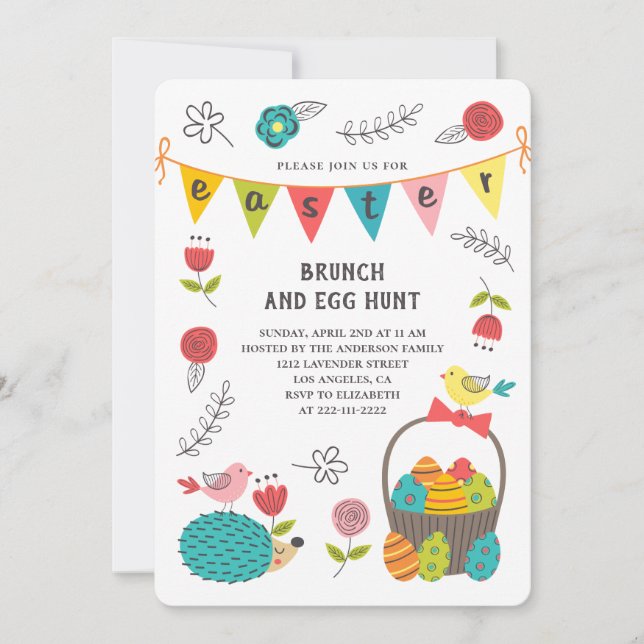 Easter brunch. Egg hunt. Floral spring invitation (Front)